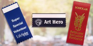Custom badge ribbons with imprinted text used to give an award.