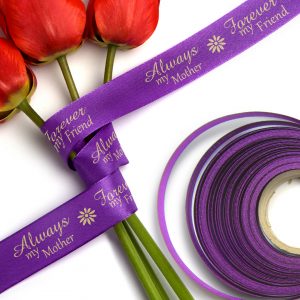 Ribbon wrapped around flower stems to celebrate and promote Mother's Day.