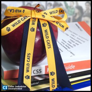 A teachers apple is crowned with a ribbon bow featuring text and a graphic.