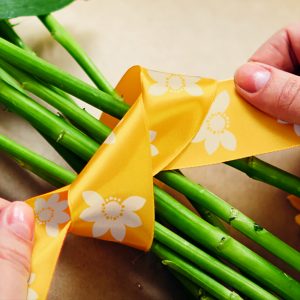 A ribbon tied around flower stems.