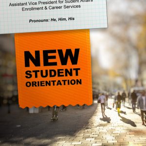 Utilizing one of the key benefits of ribbons, a new student orientation badge ribbon that is attached to a name tag. 